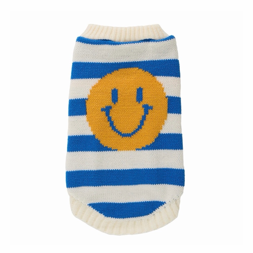 Top Paw Blue and White Striped Dog Sweater with Yellow Smiley
